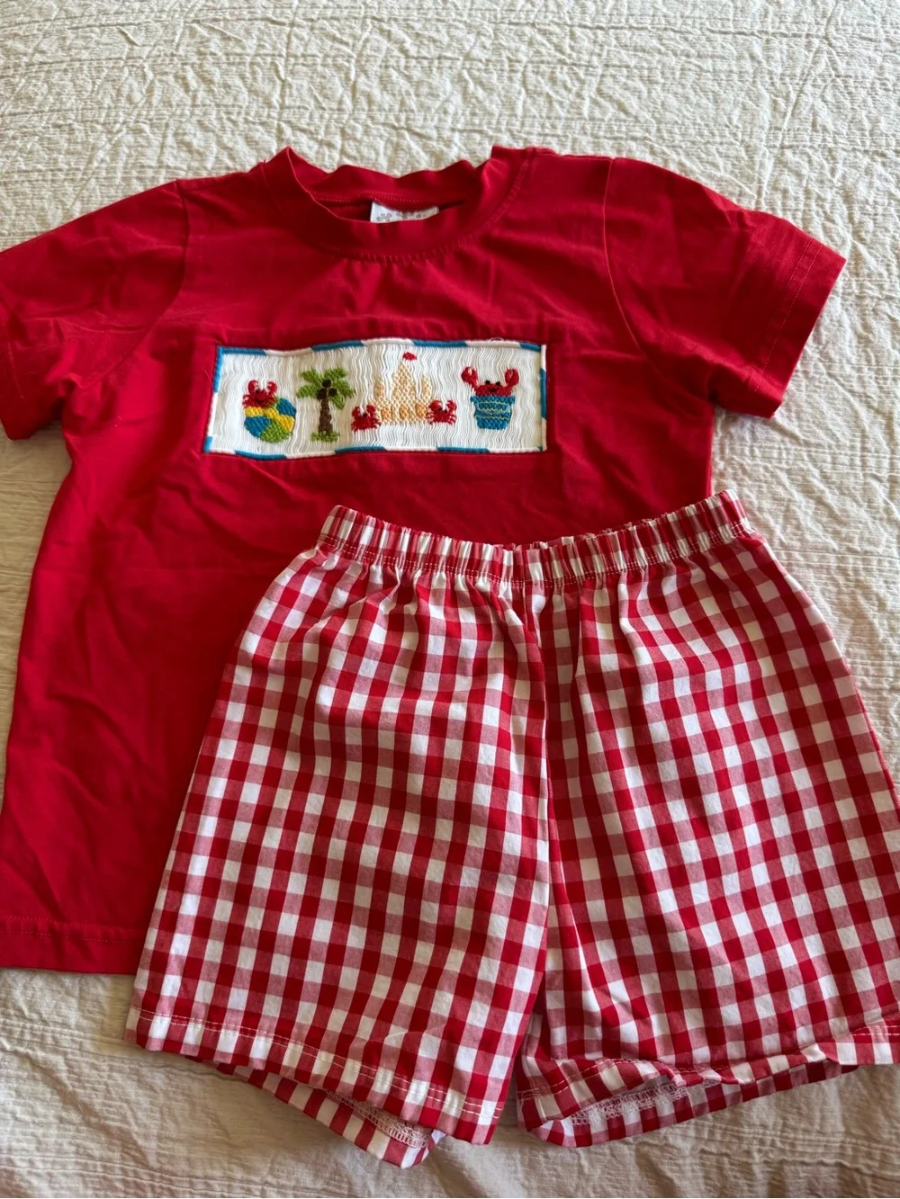 southern sass smocks toddler outfit, red with crab and beach top, gingham shorts